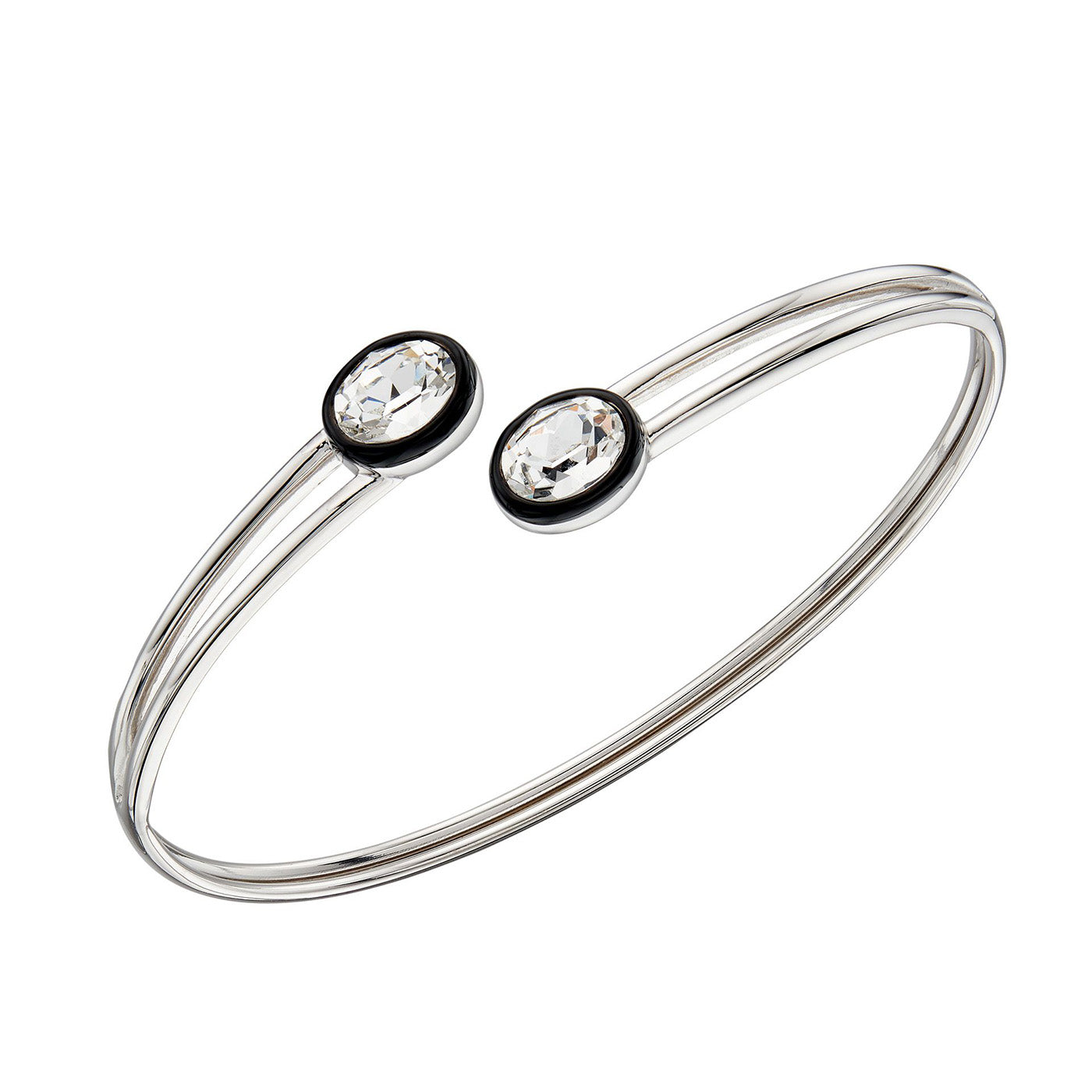 925 Sterling Silver Black  Enamel Border Bangle With Crystals