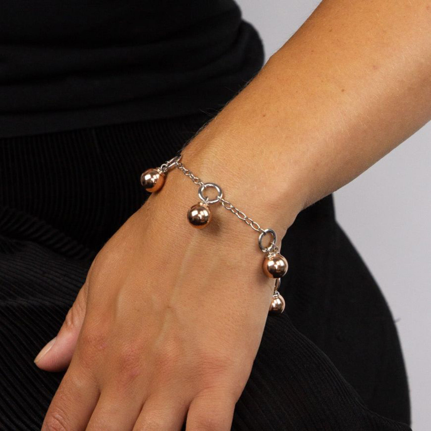 925 Sterling Silver T-Bar Rose Gold Fill Sphere Bracelet