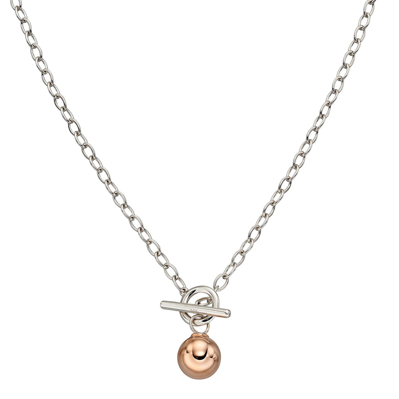 925 Sterling Silver T-Bar Rose Gold Fill Sphere Necklace